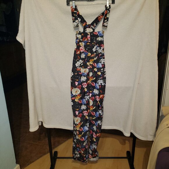 TRUE LOVE Y2k Floral Overalls. Size L. Black With Floral print. 90's, Hipster - Picture 1 of 13